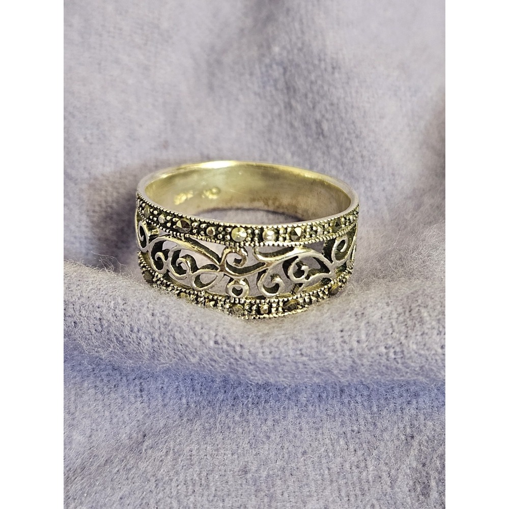925 Sterling Silver Marcasite Filigree Scroll Band Ring Size 8.5 3.28g